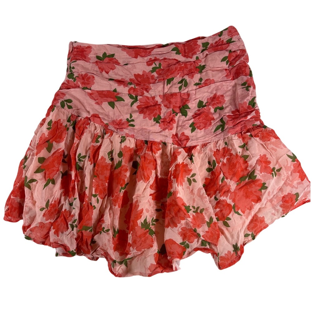 Maeve Anthropologie Floral Ruffle Mini Skort Pink Red Rose Linen Blend Size 12 - Picture 2 of 8